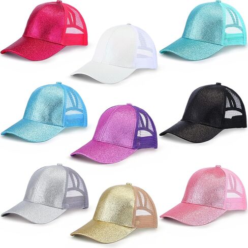 Xtinmee 9 Pcs Summer Sequin Girls Baseball Hat Shiny Ponytail Baseball Hat Adjustable Glitter Baseball Cap for Kids Golf Outdoor in Saudi Arabia