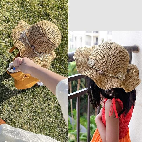 Bienvenu Girls Straw Hat Sun Hat Summer Beach Hat with Flowers in Kuwait