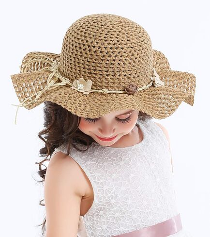 Bienvenu Girls Straw Hat Sun Hat Summer Beach Hat with Flowers in Kuwait