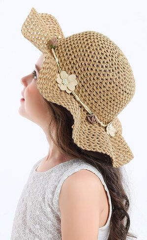 Bienvenu Girls Straw Hat Sun Hat Summer Beach Hat with Flowers in Kuwait