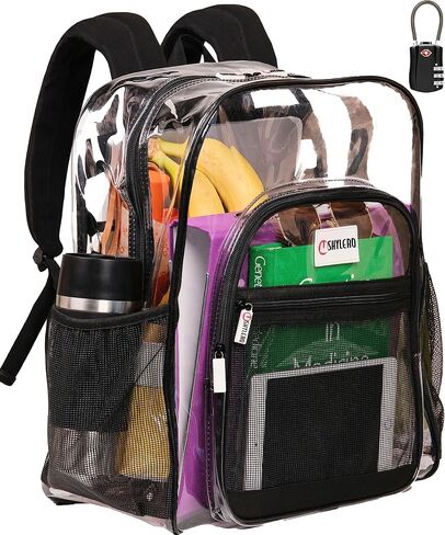 SHYLERO Clear Backpack Heavy Duty has TSA Lock, 2-WAY Zipper. PVC Transparent Backpack Is Extra Large - H18''xW14''xD8 - Beige in Kuwait