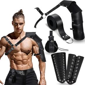 5 Pcs Medieval Leather Shoulder Armor Cape Arm Bracers Knight Belt Leather Belt Pouch Medieval Costume for Cosplay Party