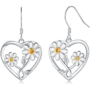 Silver Sunflower Heart Earrings for Women - 925 Sterling Silver Sunflower/Daisy Heart Dangle Earrings, Valentines Mothers Day Christmas Gifts Sunflowers Daisy Heart Dangle Earrings Jewelry for Girls