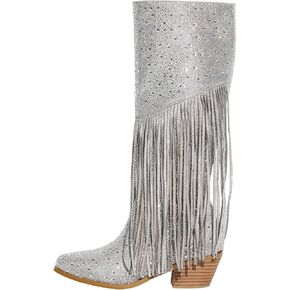 Richealnana Calf High Knee High Boots for Women Sparkle Rhinestones Clear Gems Shining Comfortable Tabs Pull-On Boots Fringe Tassel