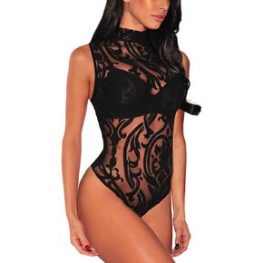 Lrady Women's Sheer Mesh Turtleneck Neck See Through Leotard Bodysuit Body Tops in Kuwait