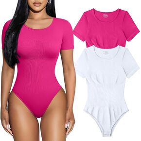 TOB Women's 2 Piece Bodysuits Sexy Ribbed One Piece Short Sleeve Tops Bodysuits