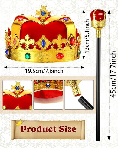 Cindeer 3 Pieces Men King Cape Costume Set Medieval King Robe Cape Gold Regal King Crown King Scepter for Carnival Mardi Gras Cosplay Halloween Dress Party in Kuwait