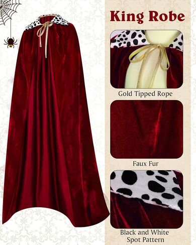 Cindeer 3 Pieces Men King Cape Costume Set Medieval King Robe Cape Gold Regal King Crown King Scepter for Carnival Mardi Gras Cosplay Halloween Dress Party in Kuwait