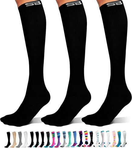 SB SOX 3-Pair Compression Socks for Men & Women (15-20mmHg) – Best Compression Socks for Flying, Medical, Sports, Wide Calf Fit, Skiing, and Daily Wear in Kuwait