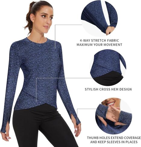 Soneven Women's Long Sleeve Thermal Running Shirts Compression Workout Tops Cross Hem Athletic Yoga Shirts with Thumbholes in Kuwait