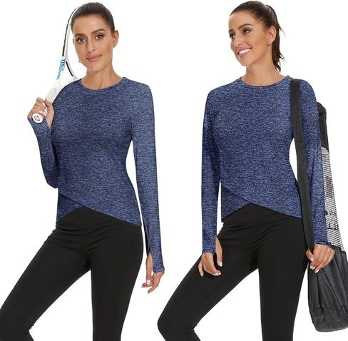 Soneven Women's Long Sleeve Thermal Running Shirts Compression Workout Tops Cross Hem Athletic Yoga Shirts with Thumbholes in Kuwait