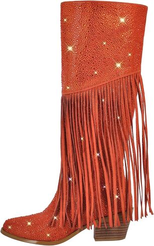 Richealnana Calf High Knee High Boots for Women Sparkle Rhinestones Clear Gems Shining Comfortable Tabs Pull-On Boots Fringe Tassel in Saudi Arabia