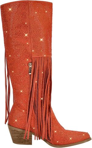 Richealnana Calf High Knee High Boots for Women Sparkle Rhinestones Clear Gems Shining Comfortable Tabs Pull-On Boots Fringe Tassel in Saudi Arabia