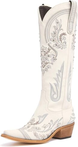 vodvob Western Cowboy Boots for Women Rhinestone Knee High Cowgirl Snip Toe | Embroidery,Faux Leather Upper,Side Zipper,Pull-On Tabs,Chunky Heel,Wedding,Formal,Party,Country Concert in Saudi Arabia