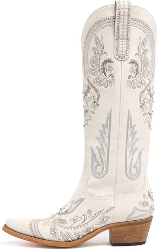 vodvob Western Cowboy Boots for Women Rhinestone Knee High Cowgirl Snip Toe | Embroidery,Faux Leather Upper,Side Zipper,Pull-On Tabs,Chunky Heel,Wedding,Formal,Party,Country Concert in Saudi Arabia