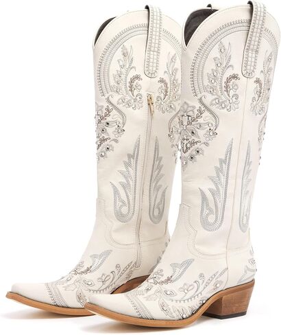 vodvob Western Cowboy Boots for Women Rhinestone Knee High Cowgirl Snip Toe | Embroidery,Faux Leather Upper,Side Zipper,Pull-On Tabs,Chunky Heel,Wedding,Formal,Party,Country Concert in Saudi Arabia