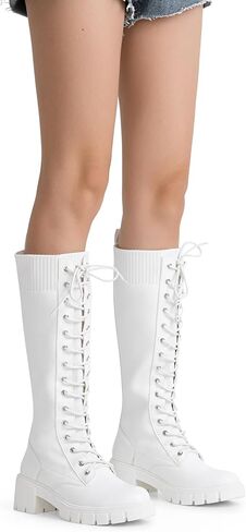 Vepose Women's 953 Knee High Combat Boots Chunky Platform Heel, Lace Up Gothic Punk Work Boots for Dresses and Jeans in Kuwait