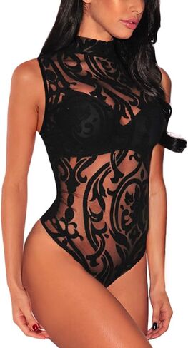 Lrady Women's Sheer Mesh Turtleneck Neck See Through Leotard Bodysuit Body Tops in Kuwait