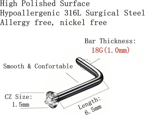 BLESSMYLOVE 316L Surgical Steel 22g/20g/18g Nose Rings Studs L-Shape Nose Nostrial Piercing Body Jewerly L Shaped Nose Studs 1.5mm 2mm 2.5mm 3mm CZ Nose Screw Studs Rings for Women in Saudi Arabia