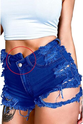 Susupeng Women Summer Irregular Waist Jean Shorts with Pockets Frayed Ripped Holes Cute Sexy Hot Mini Denim Shorts in Kuwait