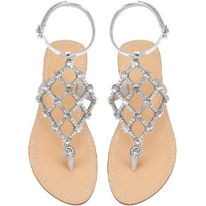UTIKLIOU Women's Rhinestone Flat Sandals T-Strap Thong Sandals Summer Flat Sandals Flip Flop Sandals for Women