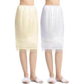 Coucoland 2 Pcs Half Slip Long Underskirt Undergarments Slip Lace Trim Soft Satin Skirt Dress Extender for Women in Kuwait