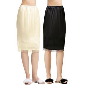 Coucoland 2 Pcs Half Slip Long Underskirt Undergarments Slip Lace Trim Soft Satin Skirt Dress Extender for Women in Kuwait