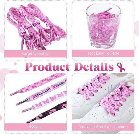 Tigeen 100 Pairs Pink Ribbon Shoelaces Breast Cancer Awareness Shoelaces 47.2 Inch Pink Ribbon Shoe Laces for Fundraising Events Sports Football Runners Athletic, 4 Styles in Saudi Arabia
