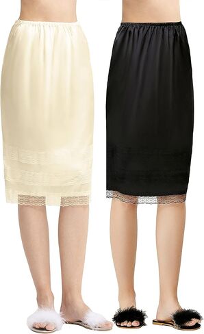 Coucoland 2 Pcs Half Slip Long Underskirt Undergarments Slip Lace Trim Soft Satin Skirt Dress Extender for Women in Kuwait