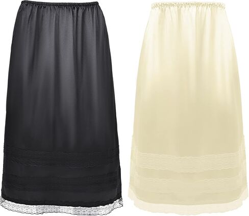 Coucoland 2 Pcs Half Slip Long Underskirt Undergarments Slip Lace Trim Soft Satin Skirt Dress Extender for Women in Kuwait