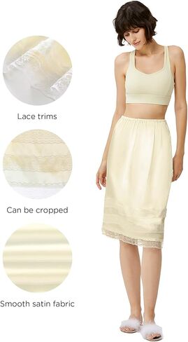 Coucoland 2 Pcs Half Slip Long Underskirt Undergarments Slip Lace Trim Soft Satin Skirt Dress Extender for Women in Kuwait