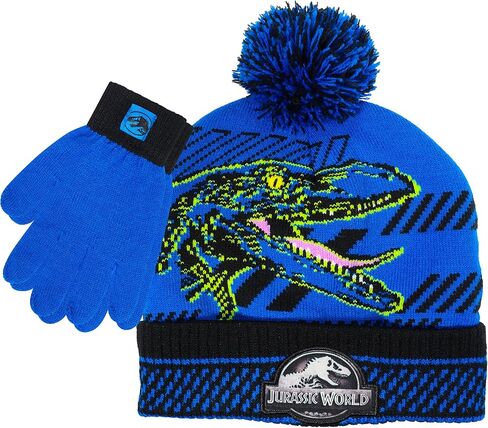 Jurassic Park Winter Hat and Snow Gloves for Boys and Toddlers, 2 Pc. Set, Pom-Pom Beanie with Blue Velociraptor in Saudi Arabia
