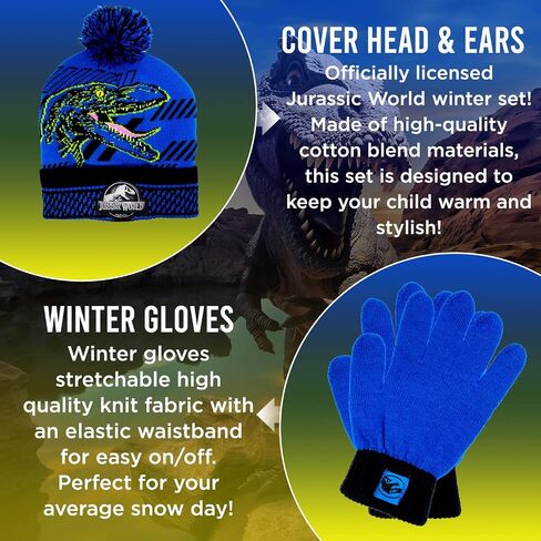 Jurassic Park Winter Hat and Snow Gloves for Boys and Toddlers, 2 Pc. Set, Pom-Pom Beanie with Blue Velociraptor in Saudi Arabia