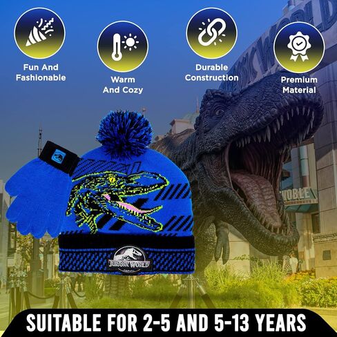Jurassic Park Winter Hat and Snow Gloves for Boys and Toddlers, 2 Pc. Set, Pom-Pom Beanie with Blue Velociraptor in Saudi Arabia