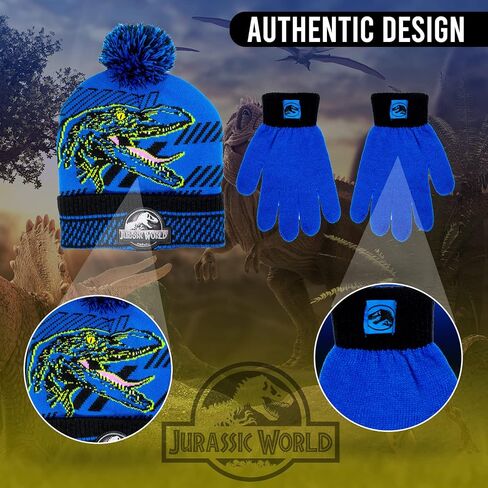 Jurassic Park Winter Hat and Snow Gloves for Boys and Toddlers, 2 Pc. Set, Pom-Pom Beanie with Blue Velociraptor in Saudi Arabia