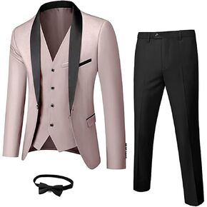 Hihawk Men's 3 Piece Slim Fit Solid Tuxedo with Stretch Fabric, One Button Shawl Collar Jacket Vest Pants with Bow Tie.