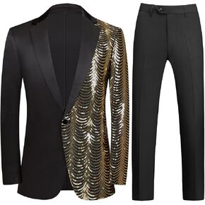 KUDMOL Mens 2 Piece Suit Slim Fit Sequin Shiny One Button Tuxedo Black Sequin Jacket Pants Sets for Wedding Party Prom in Saudi Arabia