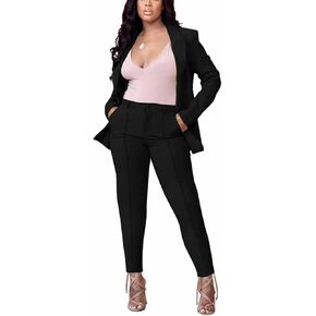 Women's 2 Piece Outfit Deep V Long Sleeve Solid Color Blazer with Pants Elegant Business Suit Sets in Saudi Arabia