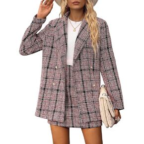 SweatyRocks Women's Business Suit 2 Pieces Tweed Blazer Jacket Coat and Skirt Set