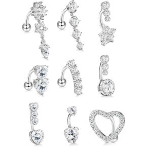 SAILIMUE 9 Pcs Surgical Steel Belly Button Rings for Women 14G Belly Ring CZ Heart Reverse Navel Ring Dangle Belly Piercing Jewelry Pack in Kuwait