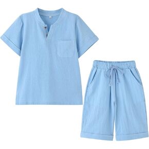 POBIDOBY Boy's T-Shirt and Shorts Set Cotton Linen Summer Short Sleeve Children Two Pieces Clothing Pants Sets in Saudi Arabia