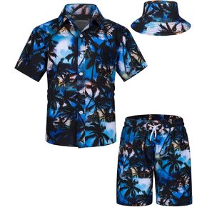 TUNEVUSE Little & Big Boys Hawaiian Button Down Shirts and Short Sets with Bucket Hat Summer Outfits Printed Kids Cabana Set