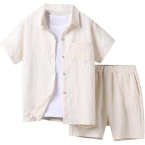 Verdusa Boy's 2 Piece Outfit Button Down Shirt and Elastic Waist Short Sets