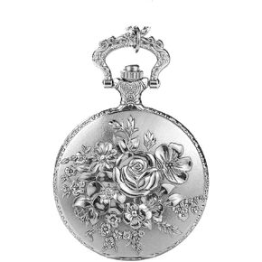 BOSHIYA Retro Flower Openwork Cover Quartz Pocket Watch with Chain Half Hunter Pocket Watches for Women with Box, for Mother's Day
