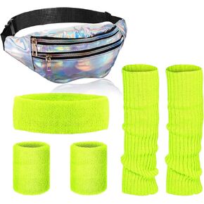 SATINIOR 80s Women Neon Leg Warmers Set Holographic Fanny Pack Knit Leg Warmers Headband Wristbands for Yoga Running Hiking