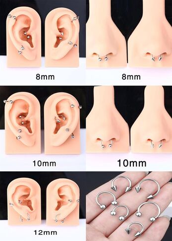 14Pcs 14/16/18/20Gauge 6/7/8/9/10/12/14mm Surgical Steel Horseshoe Septum Nose Ring Hoop Set, Externally Threaded Circular Curved Barbell Body Piercing Jewelry for Lip Eyebrow Nipple Daith Tragus Helix Cartilage Rook Multiple Piercing ( Ball + Spike Cone) in Saudi Arabia