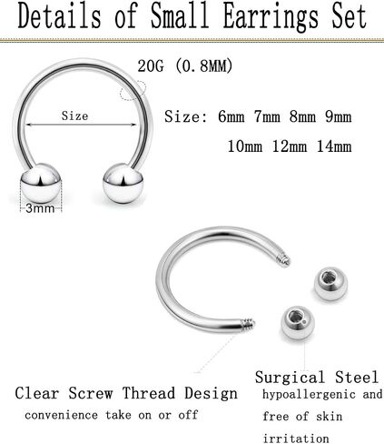 14Pcs 14/16/18/20Gauge 6/7/8/9/10/12/14mm Surgical Steel Horseshoe Septum Nose Ring Hoop Set, Externally Threaded Circular Curved Barbell Body Piercing Jewelry for Lip Eyebrow Nipple Daith Tragus Helix Cartilage Rook Multiple Piercing ( Ball + Spike Cone) in Saudi Arabia