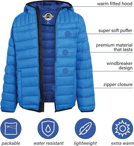 URBAN REPUBLIC Boys’ Foldable Hooded Jacket – Insulated Weather Resistant Bubble Puffer Windbreaker Coat for Boys Sizes 4-20 in Kuwait
