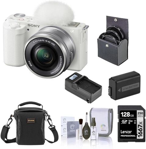 Sony ZV-E10 Mirrorless Camera with 16-50mm Lens, White Bundle with 128GB SD Memory Card, Shoulder Bag, NP-FW50 Battery, Compact Smart Charger, 40.5mm Filter Kit, Cleaning Kit in Saudi Arabia