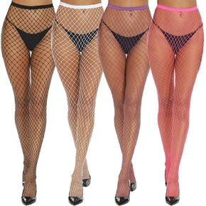 Yilanmy Fishnet Stockings for Women Colorful Fishnet Tights, High Waist Mesh Pantyhose Fishnets Footed/Footless 4 Pairs